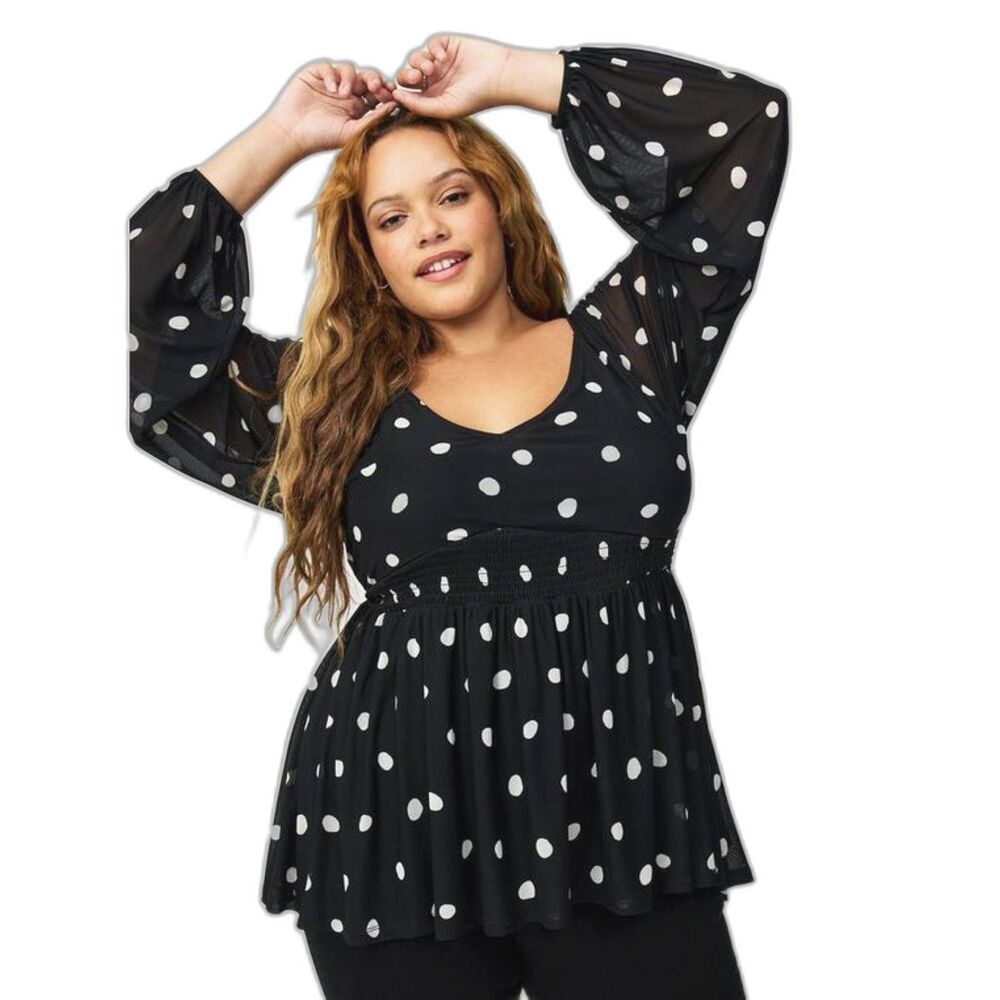 Torrid Blouson Sleeve Mesh Babydoll Top Wynn Dot Deep Black Size 2 2X Polka Dot